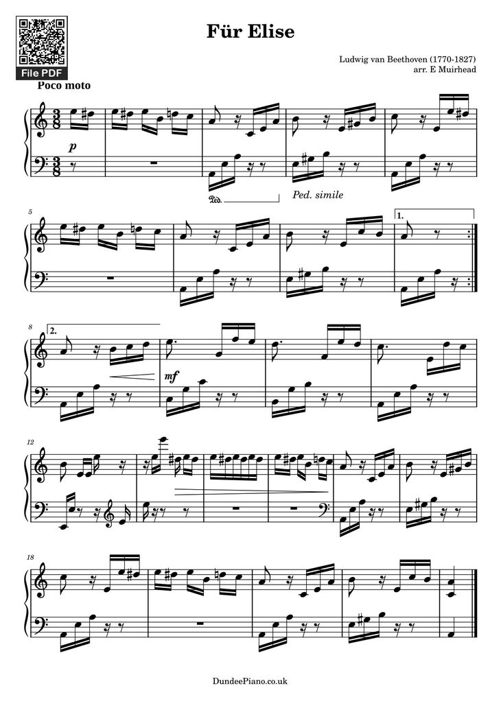Page 1 of the piano sheet music PDF Piano - Für Elise - Beethoven bản piano trình độ dễ by Beethoven 