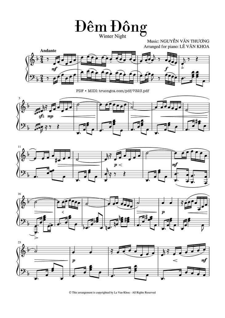 Page 1 of the piano sheet music PDF - Đêm Đông Piano Solo by Nguyễn Văn Thương