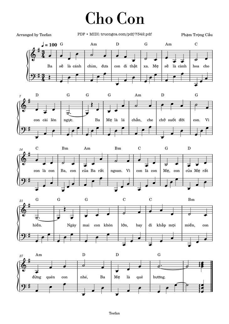 Page 1 of the piano sheet music PDF - Cho Con Piano by Phạm Trọng Cầu