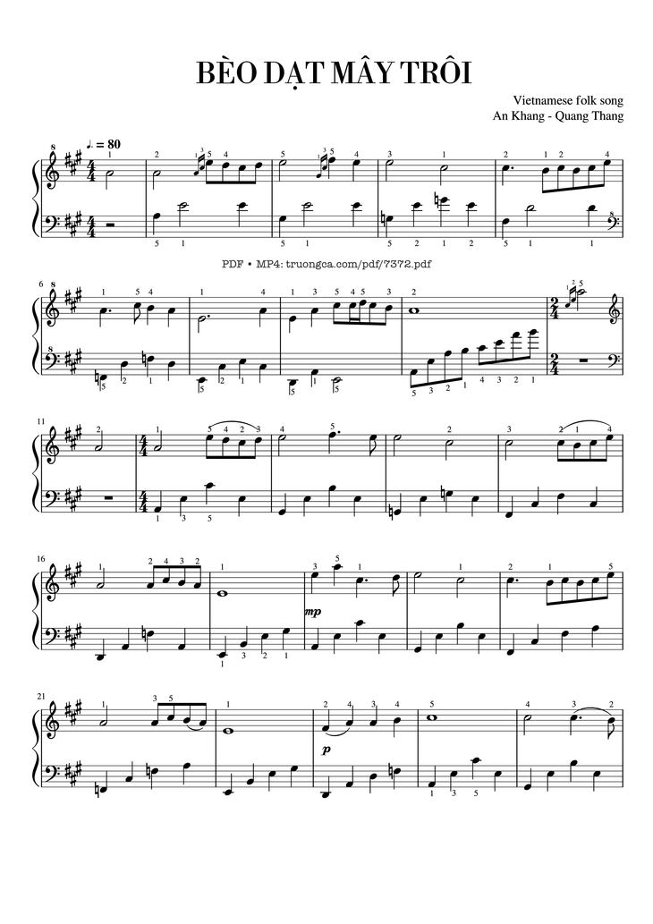 Page 1 of the piano sheet music PDF - Bèo dạt mây trôi Piano cover theo Anh Khang, Quang Thắng by Dân ca Bắc Bộ