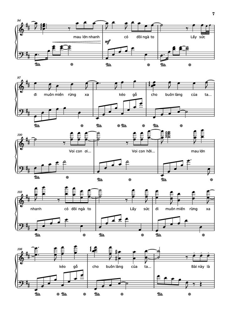 Page 7 of the piano sheet music PDF Piano - Mashup Chú voi con ở bản Đôn + Một lần Thôi + Anh cứ đi đi + Cầu Vồng Khuyết mashup Piano by Phạm Tuyên