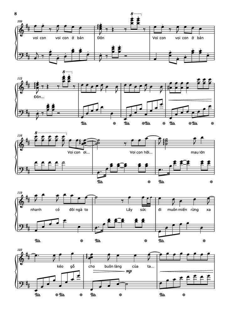 Page 8 of the piano sheet music PDF Piano - Mashup Chú voi con ở bản Đôn + Một lần Thôi + Anh cứ đi đi + Cầu Vồng Khuyết mashup Piano by Phạm Tuyên