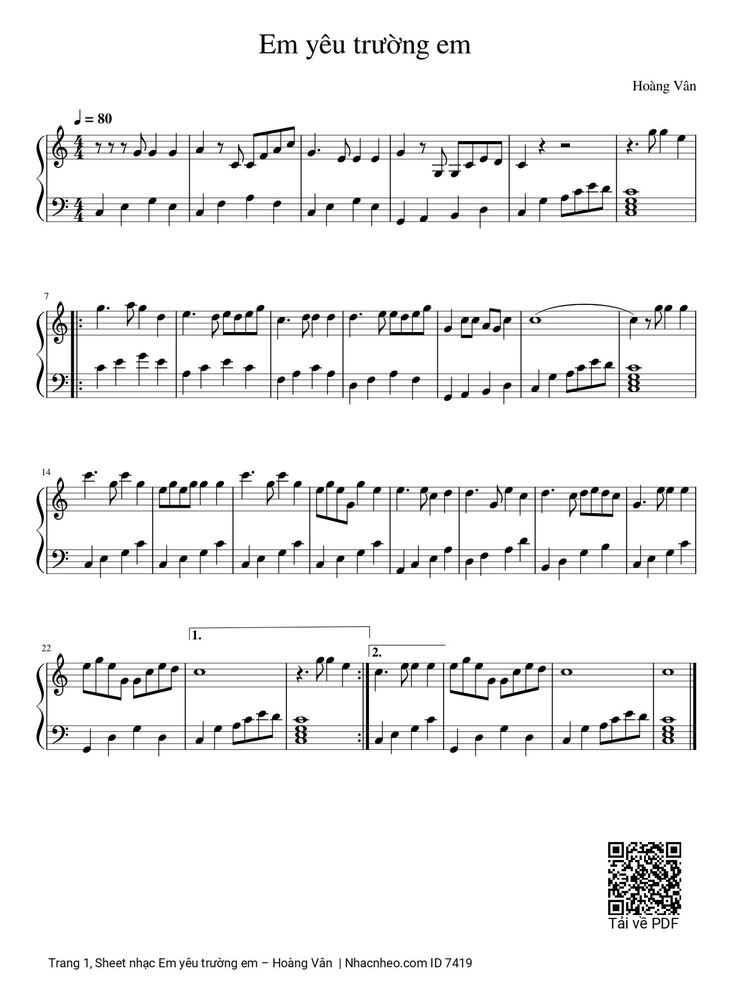 Page 1 of the piano sheet music PDF - Em yêu trường em Piano by Hoàng Vân