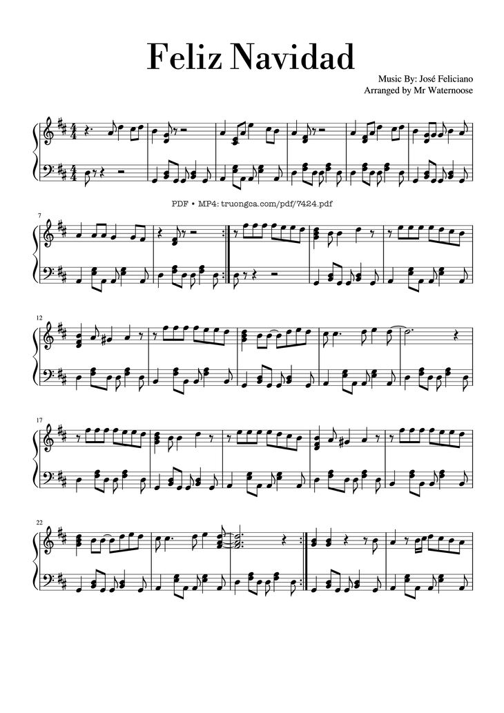 Page 1 of the piano sheet music PDF - Feliz Navidad Piano Solo by José Feliciano