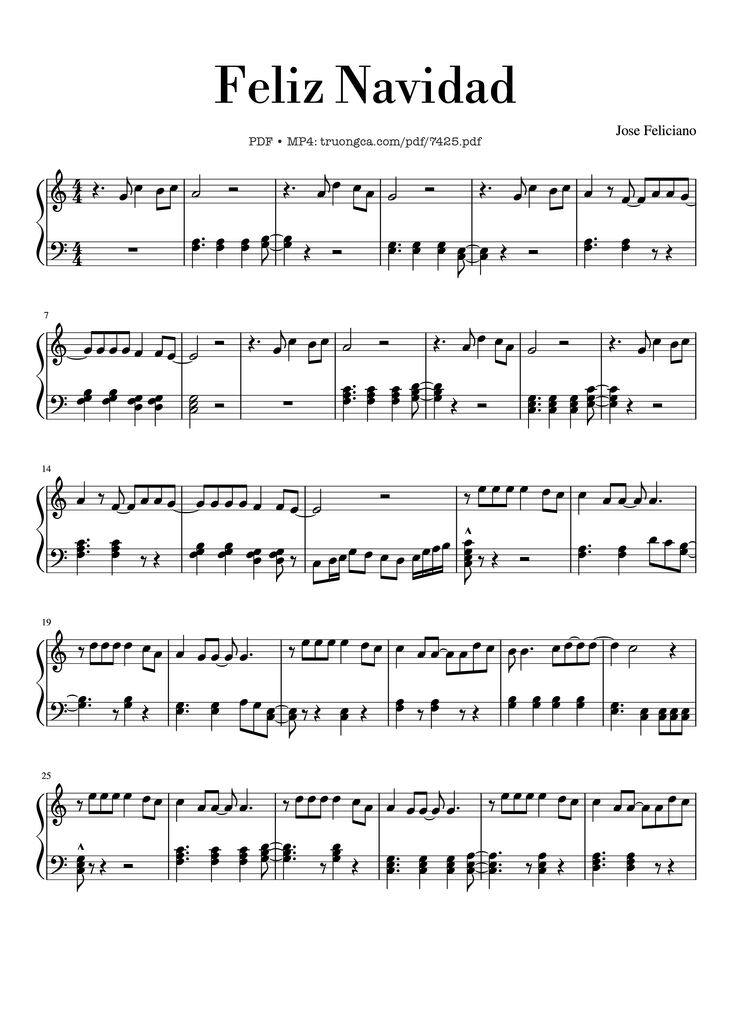 Page 1 of the piano sheet music PDF - Feliz Navidad Piano Easy by Jose Feliciano