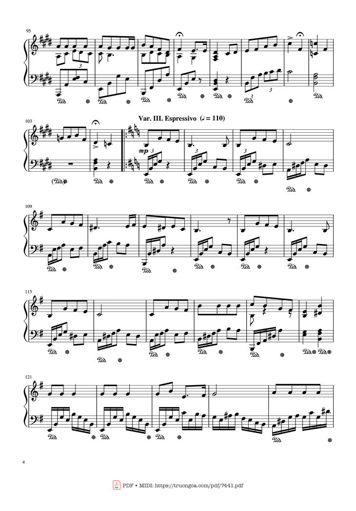 Page 4 of the piano sheet music PDF - Jingle Bells Variations Piano by Nhạc Ngoại