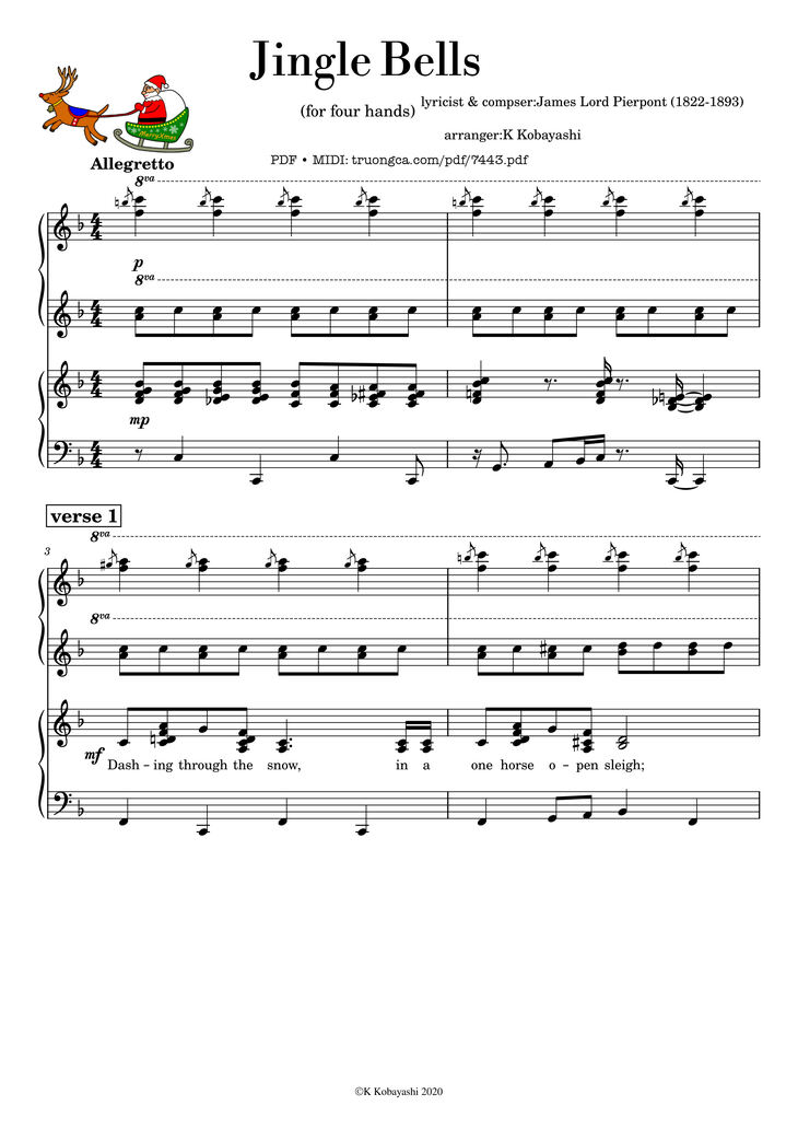 Page 1 of the piano sheet music PDF Piano - Jingle Bells Piano 4 hands by James Pierpont