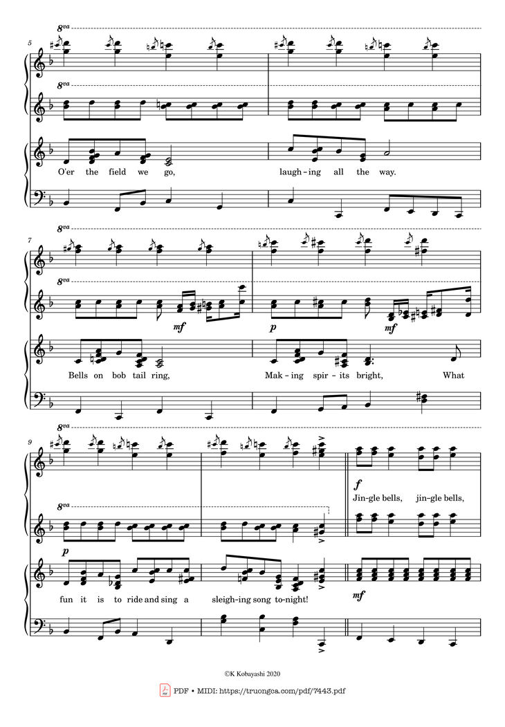 Page 2 of the piano sheet music PDF Piano - Jingle Bells Piano 4 hands by James Pierpont