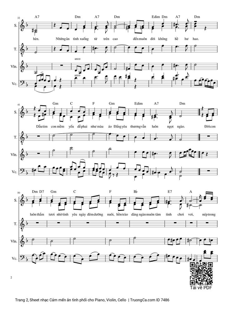 Page 2 of the piano sheet music PDF - Cảm mến ân tình phối cho Piano, Violin, Cello by Phùng Minh Mẫn