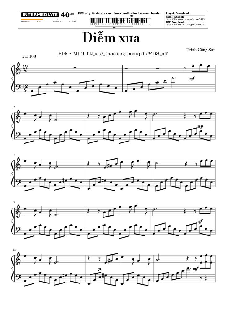Page 1 of the piano sheet music PDF Piano - Diễm xưa Piano solo by Trịnh Công Sơn