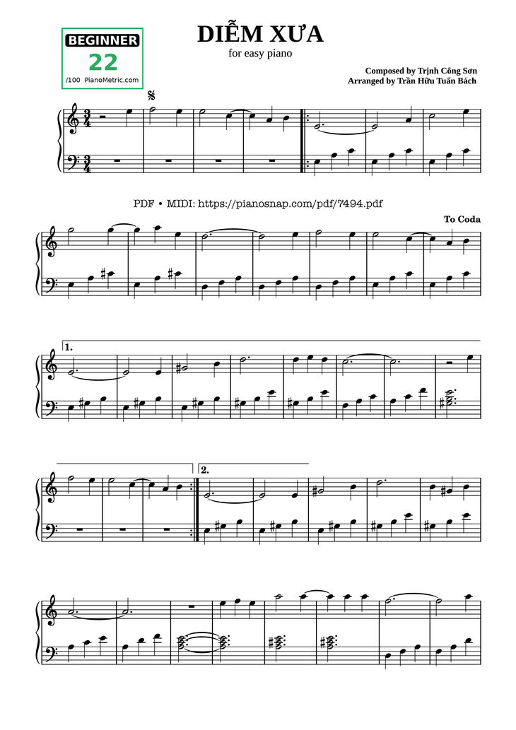 Page 1 of the piano sheet music PDF - Diễm Xưa Piano dễ tập by Trịnh Công Sơn