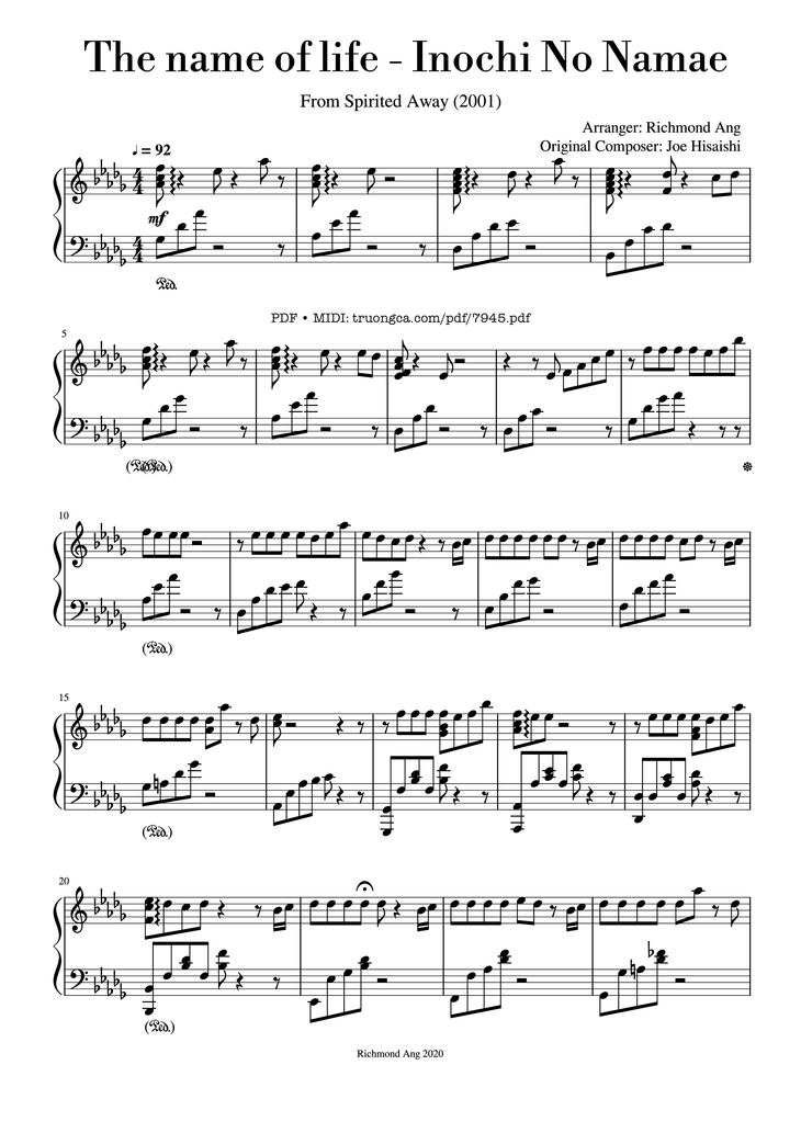 Page 1 of the piano sheet music PDF - The name of life, Inochi No Namae (Joe Hisaishi) by Joe Hisaishi