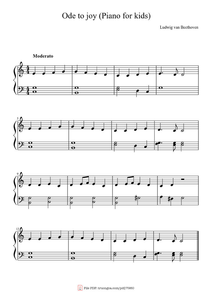 Page 1 of the piano sheet music PDF - Ode to joy (Piano for Kids) by Beethoven