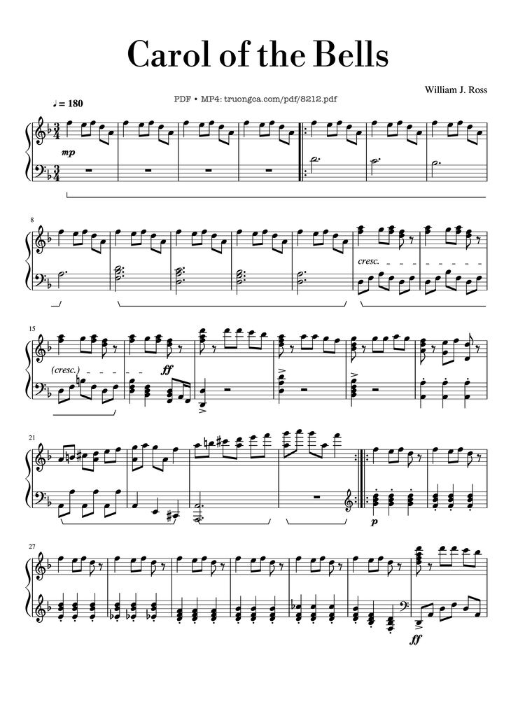 Page 1 of the piano sheet music PDF - Carol of the Bells Piano by Dân ca Ukrainian