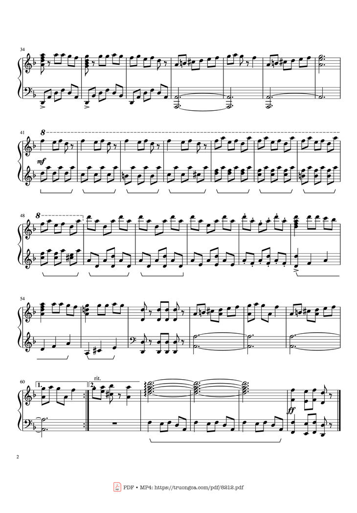 Page 2 of the piano sheet music PDF - Carol of the Bells Piano by Dân ca Ukrainian