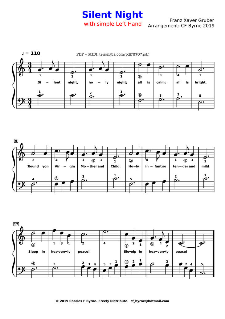 Page 1 of the piano sheet music PDF Piano - Silent Night sheet piano EASY with fingerprint by Franz Xaver Gruber
