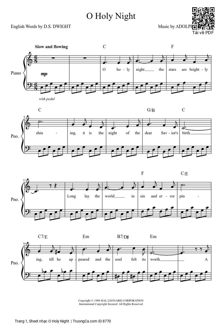 Page 1 of the piano sheet music PDF - O Holy Night sheet Piano dễ tập by Adolphe Adam