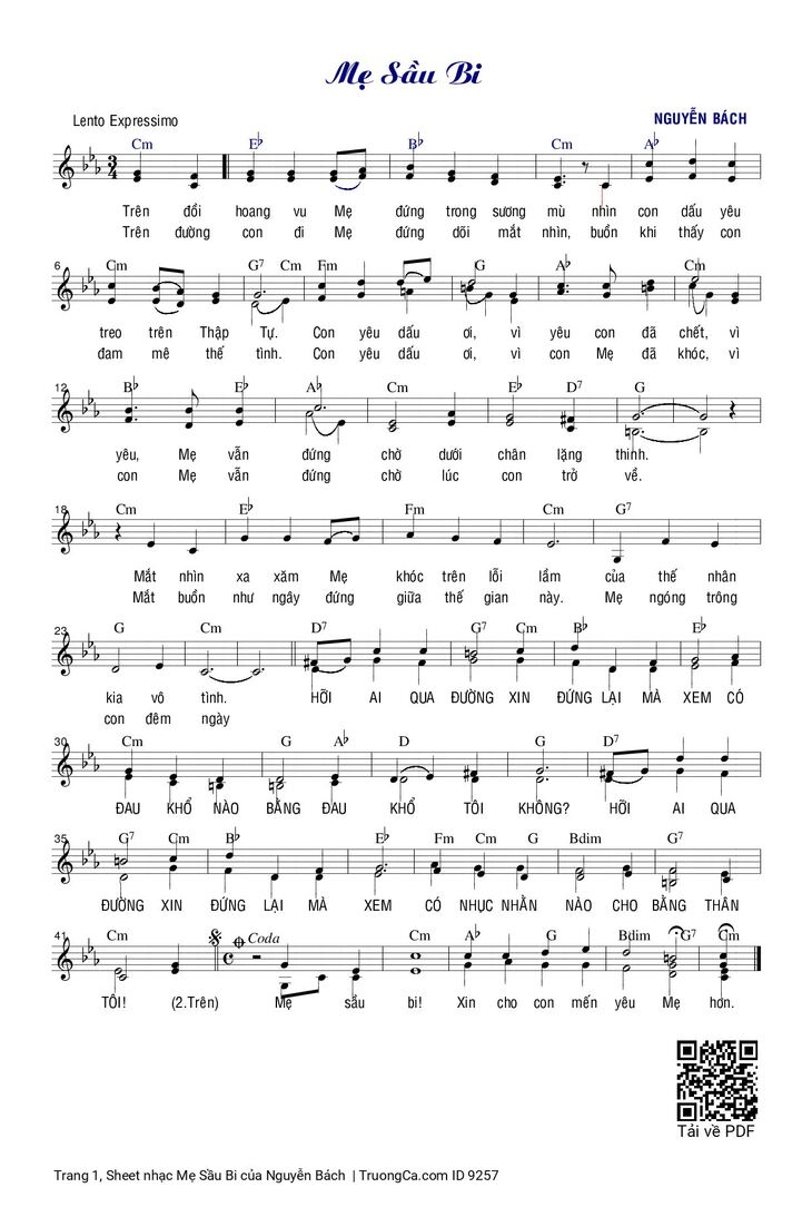 Page 1 of the piano sheet music PDF - Mẹ Sầu Bi by Nguyễn Bách