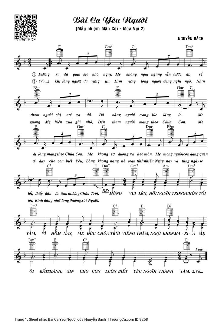 Page 1 of the piano sheet music PDF - Bài Ca Yêu Người by Nguyễn Bách