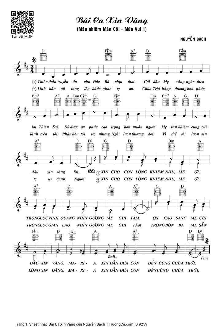 Page 1 of the piano sheet music PDF - Bài Ca Xin Vâng by Nguyễn Bách