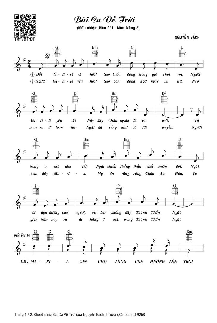 Page 1 of the piano sheet music PDF - Bài Ca Về Trời by Nguyễn Bách