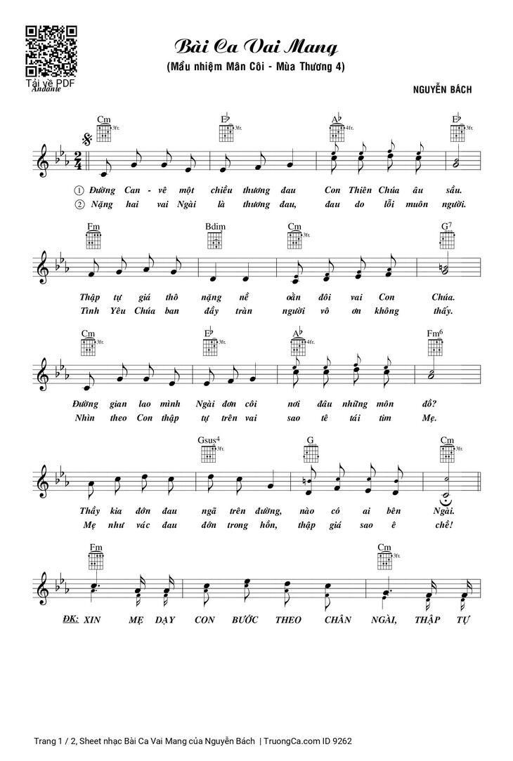 Page 1 of the piano sheet music PDF - Bài Ca Vai Mang by Nguyễn Bách