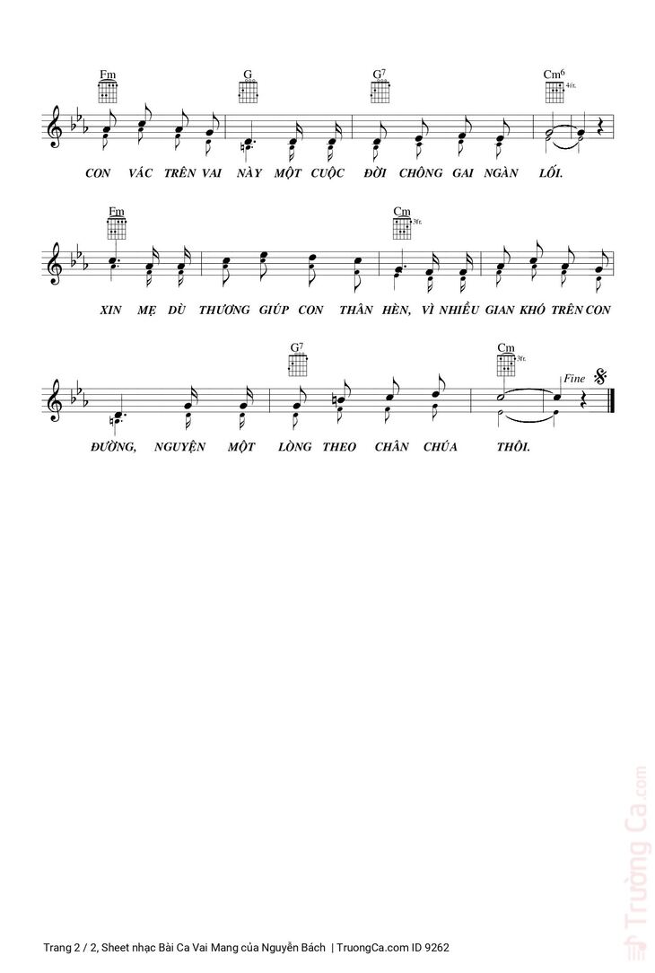 Page 2 of the piano sheet music PDF - Bài Ca Vai Mang by Nguyễn Bách