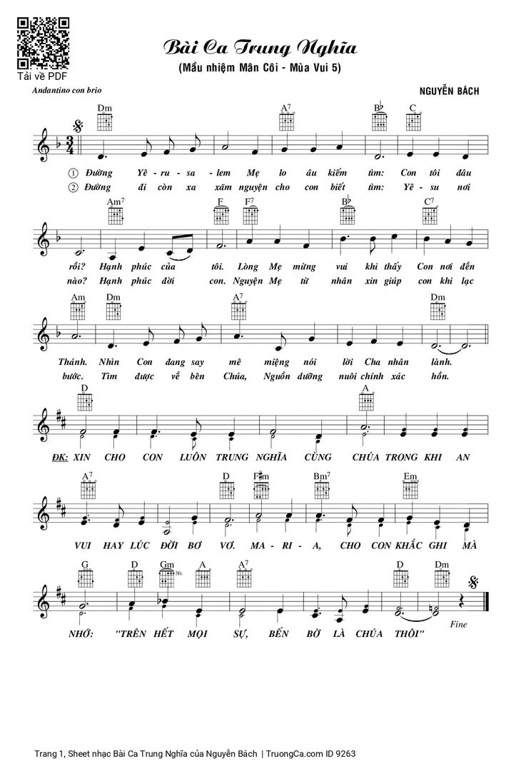 Page 1 of the piano sheet music PDF - Bài Ca Trung Nghĩa by Nguyễn Bách
