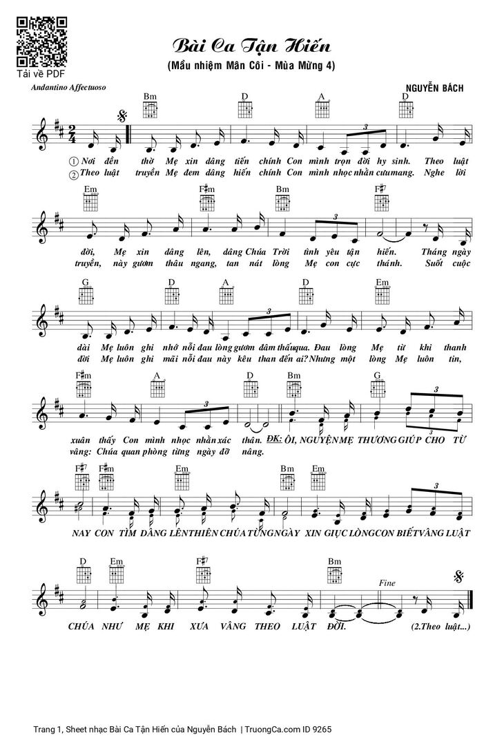 Page 1 of the piano sheet music PDF - Bài Ca Tận Hiến by Nguyễn Bách