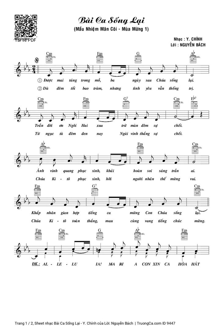 Page 1 of the piano sheet music PDF - Bài Ca Sống Lại - Y. Chính by Lời: Nguyễn Bách