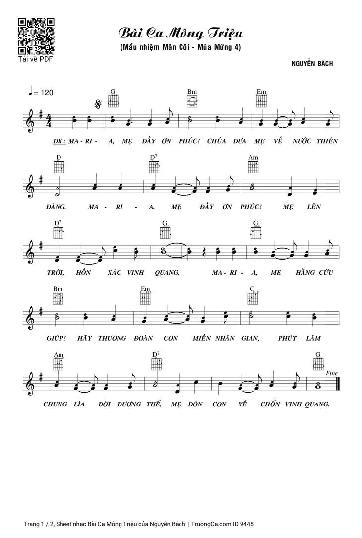 Page 1 of the piano sheet music PDF - Bài Ca Mông Triệu by Nguyễn Bách