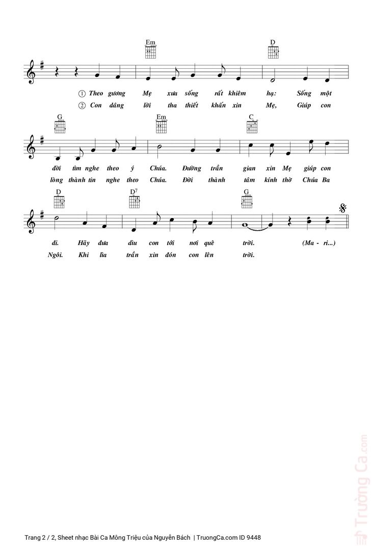 Page 2 of the piano sheet music PDF - Bài Ca Mông Triệu by Nguyễn Bách
