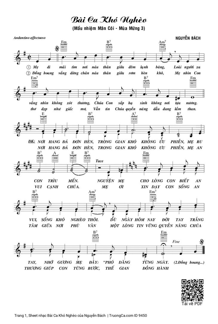 Page 1 of the piano sheet music PDF - Bài Ca Khó Nghèo by Nguyễn Bách