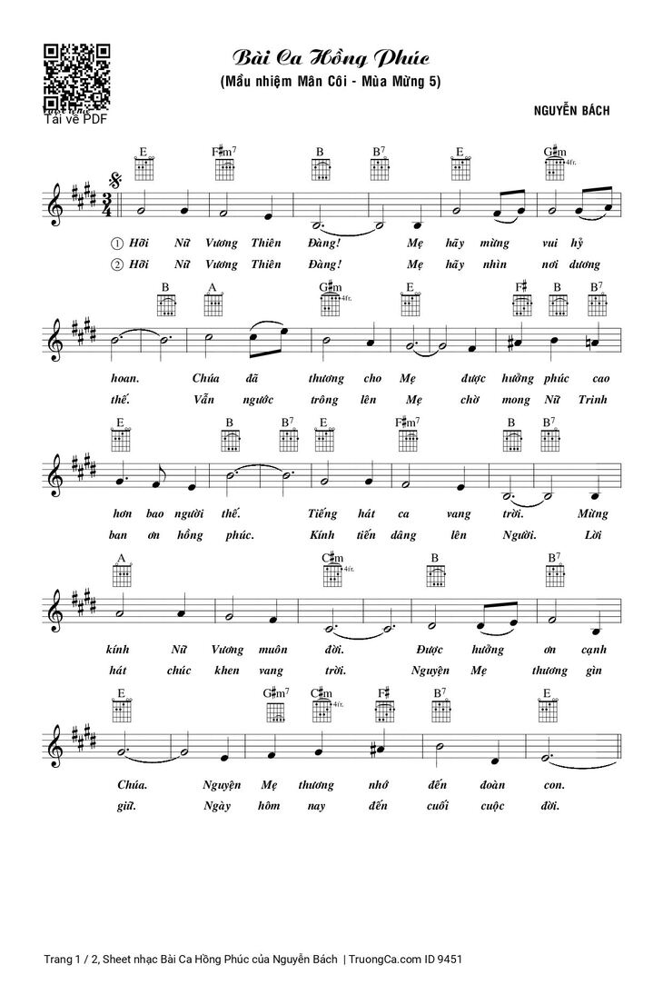 Page 1 of the piano sheet music PDF - Bài Ca Hồng Phúc by Nguyễn Bách