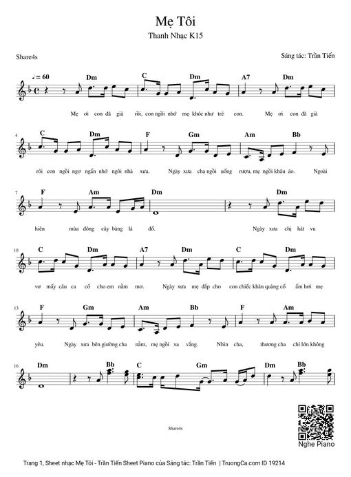 Mẹ Tôi - Trần Tiến Sheet Piano