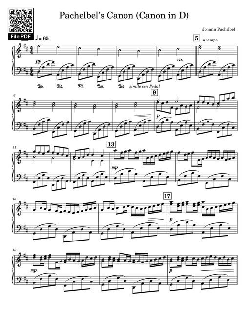 Pachelbel's Canon (Canon in D) Sheet Piano