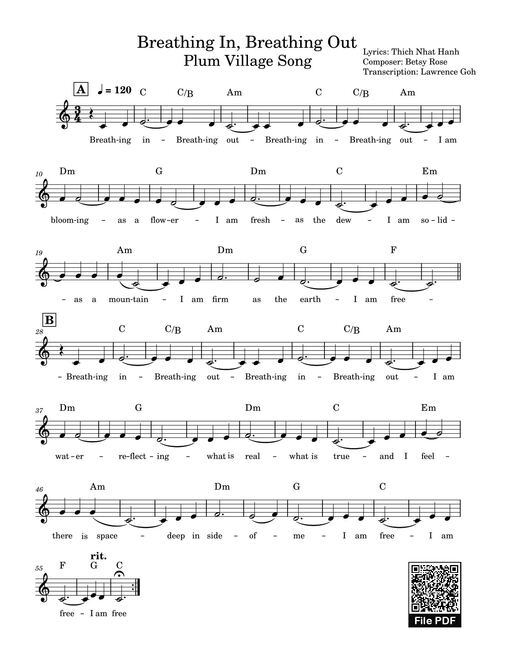 Breathing In, Breathing Out Plum Village Song Sheet Piano