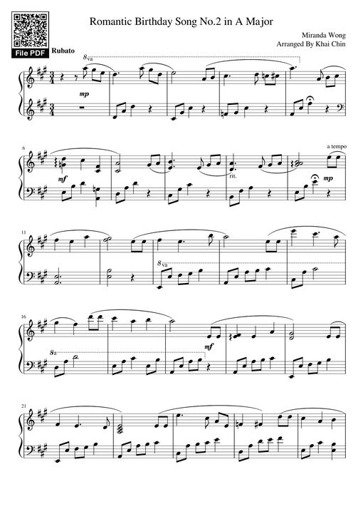 Romantic Birthday Song No.2 in A Major  Sheet Piano
