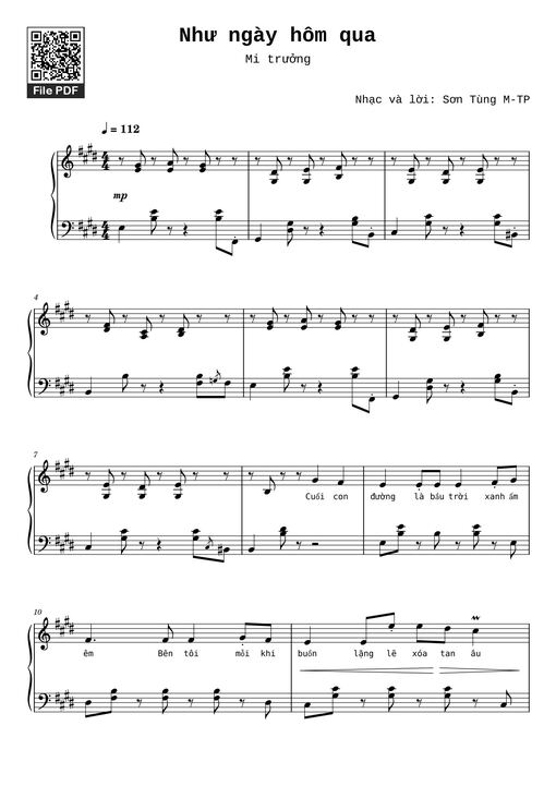 Như ngày hôm qua Sheet Piano