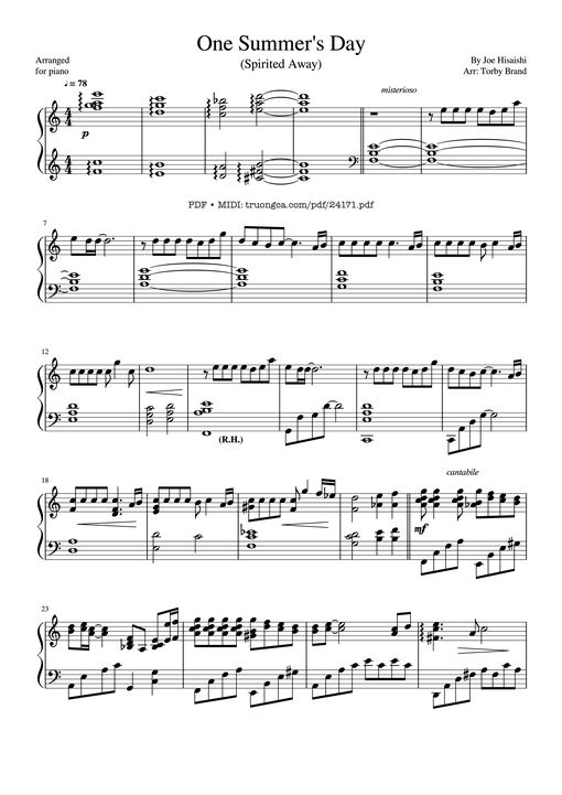 久石譲 あの夏へ One Summer's Day (Spirited away) Sheet Piano