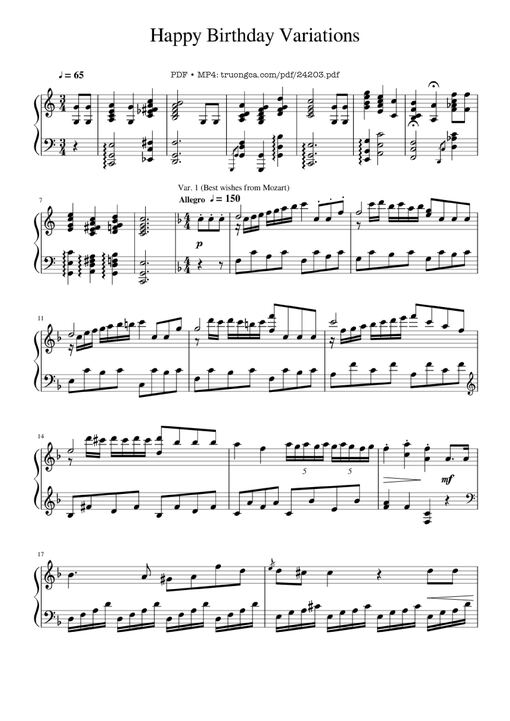 Happy Birthday Variations Sheet Piano