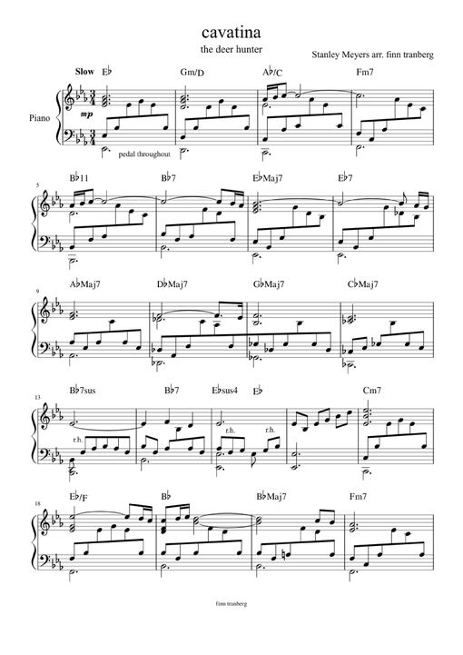 Cavatina Piano - Stanley-meyers-arr-finn-tranberg