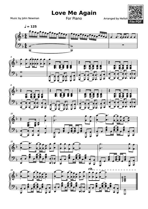 Love Me Again Piano - Arranged-by-helloitsquirky