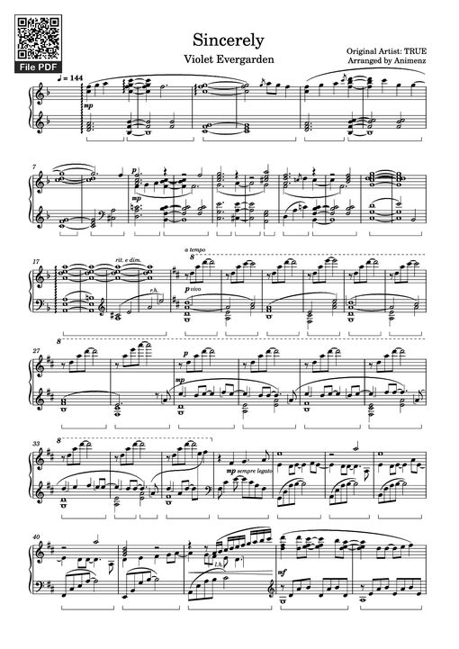 Sincerely Piano — Original Artist: TRUE