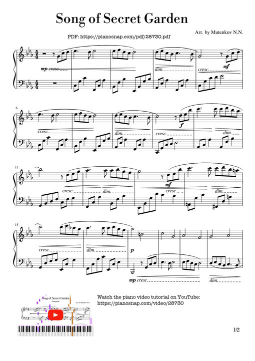 Song of Secret Garden Piano (Переложение для фортепиано)