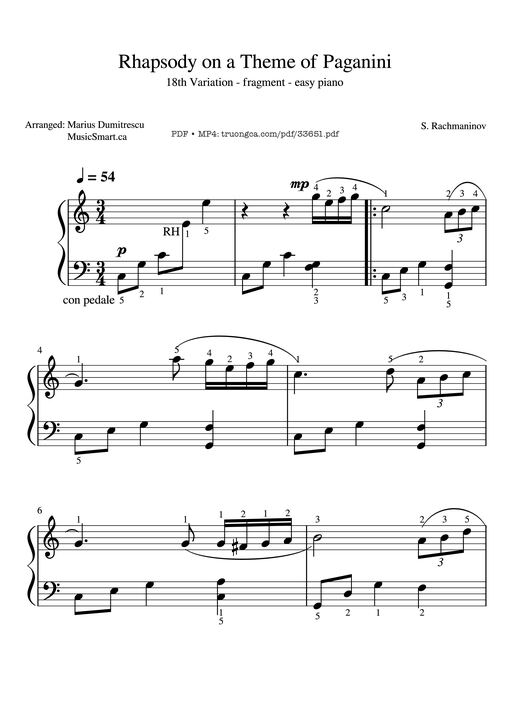 Rhapsody on a Theme of Paganini -18th Variation Piano (With Fingering)