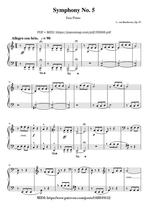 Beethoven Symphony No. 5 Piano EASY