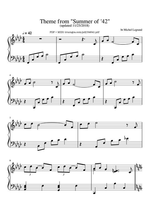 Theme from Summer of '42 Piano