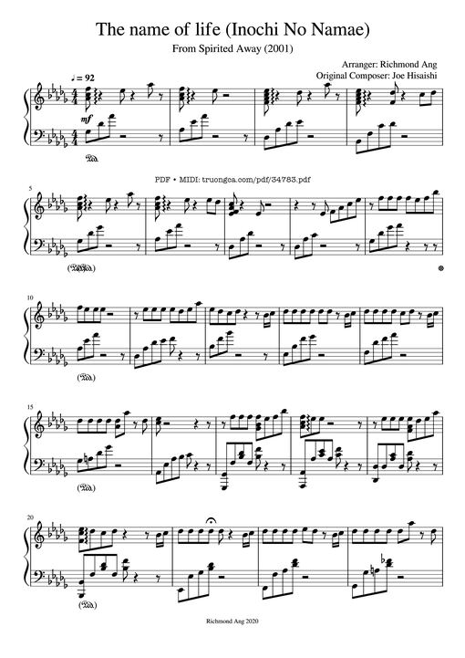 The name of life (Inochi No Namae) Piano