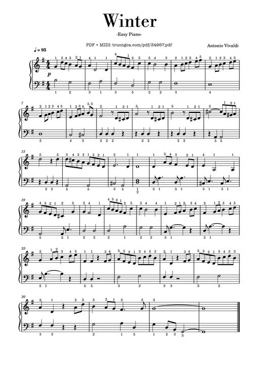 Winter Piano Easy, Vivaldi (With finger number)